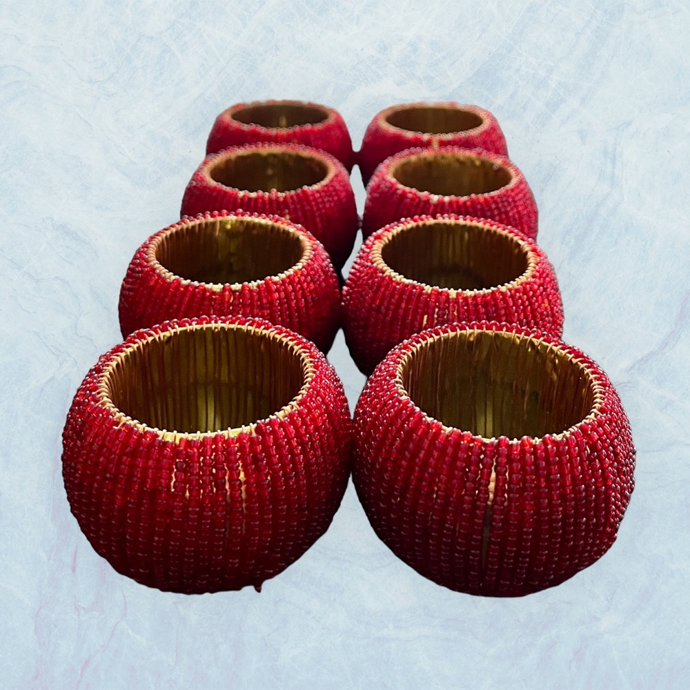 Set of 8 Napkin Rings Red‎ sequin with gold lining - EUC